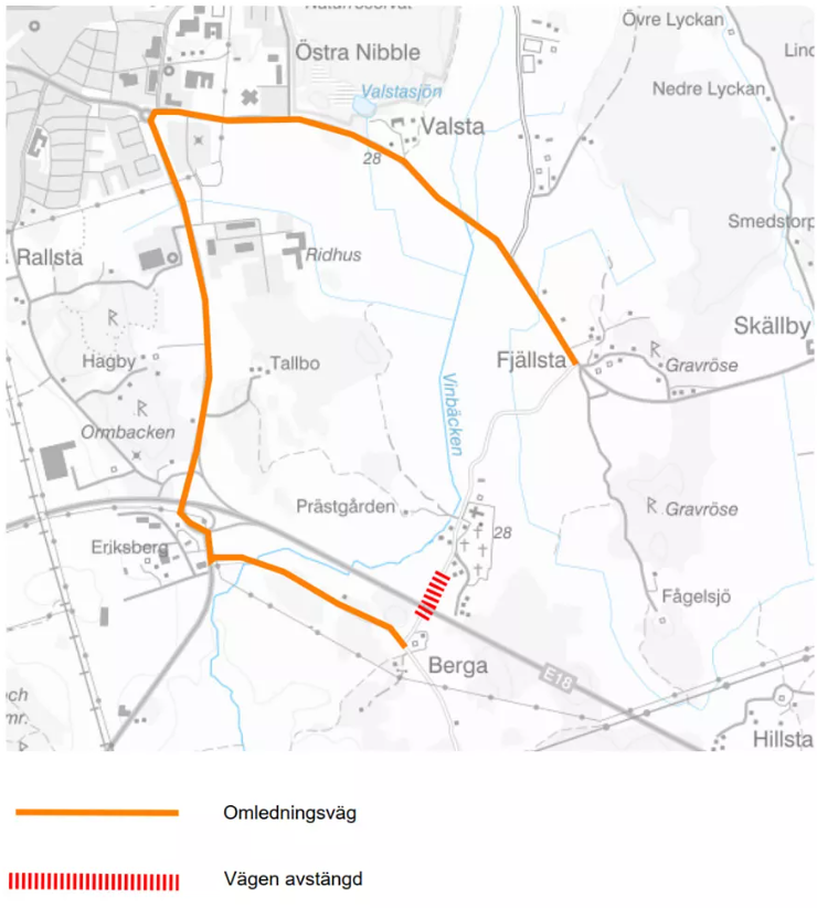 Kartbild som visar omledningen av väg 621
