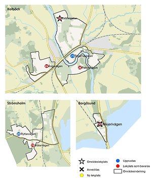 Kartbild över förslaget på framtidens lekplatsbestånd i Kolbäck, Strömsholm och Borgåsund